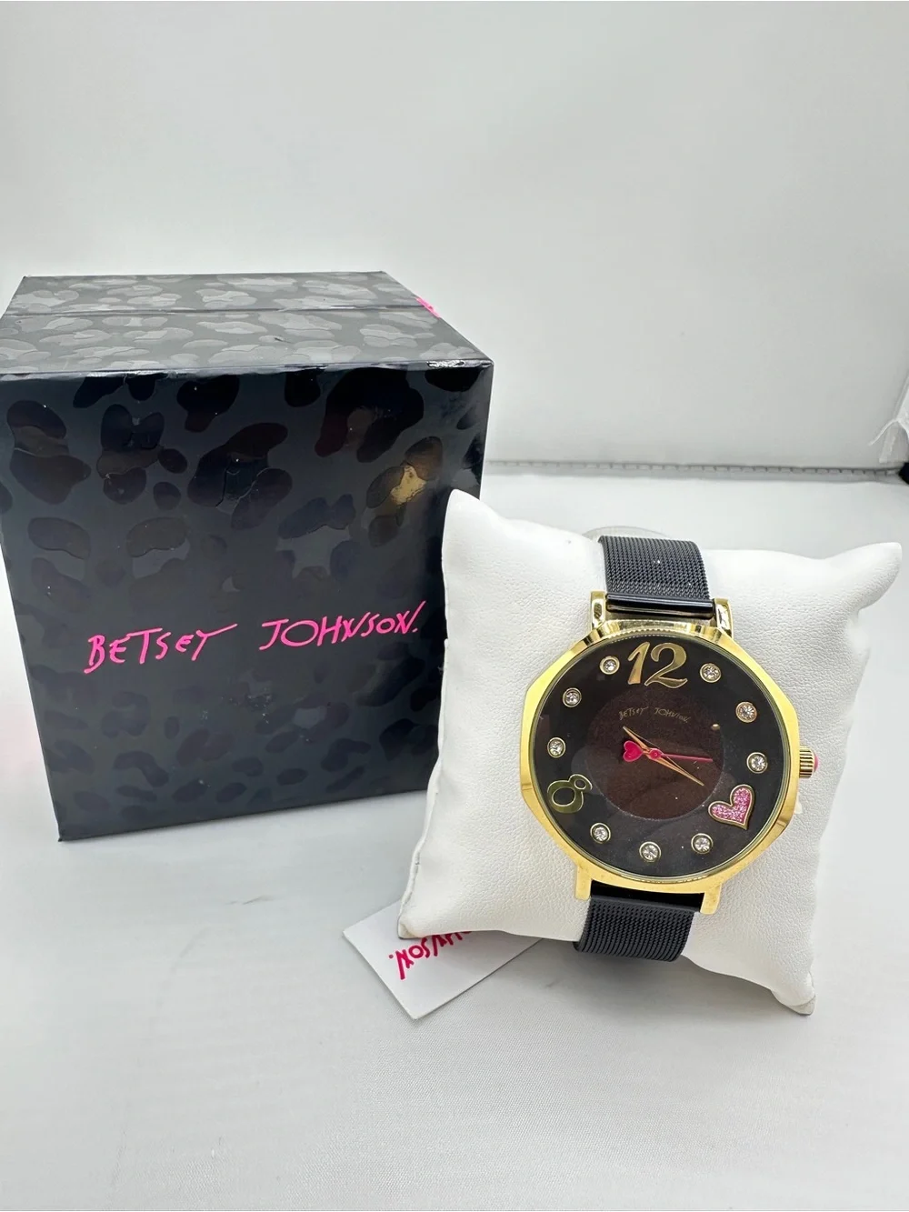 Betsey Johnson Black and Gold Tone Women's Heart Accent Watch with Pink Details